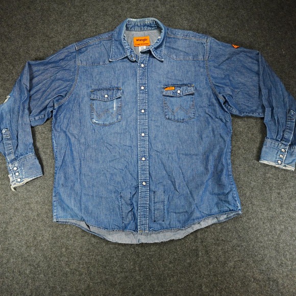 Wrangler Shirt Mens 2XL XXL Blue Denim FR Flame Resistant Long Sleeve Pearl Snap - Picture 1 of 7